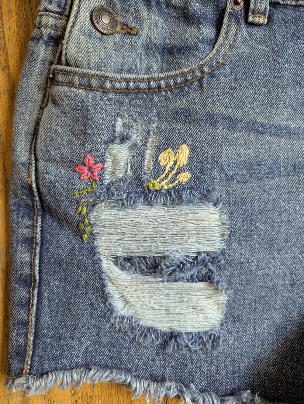 Hand Embroidered Reworked Distressed Denim Short Overalls - Blue - Picture 5 of 6